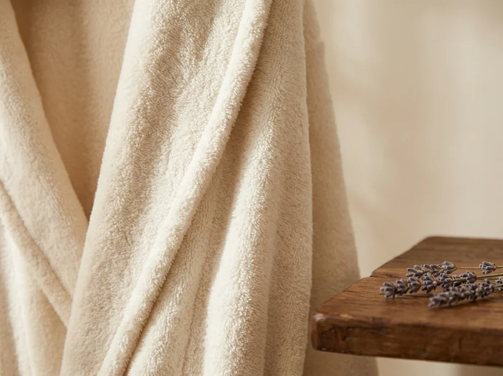 detalle de un albornoz junto a una mesa de madera