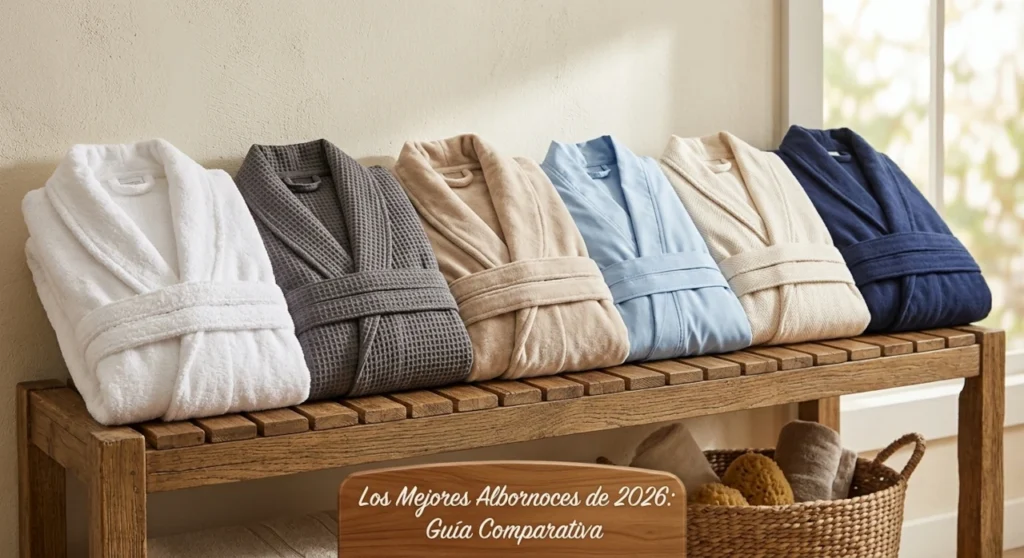 Estanteria de madera baja con 5 albornoces de colores a modo de exposición