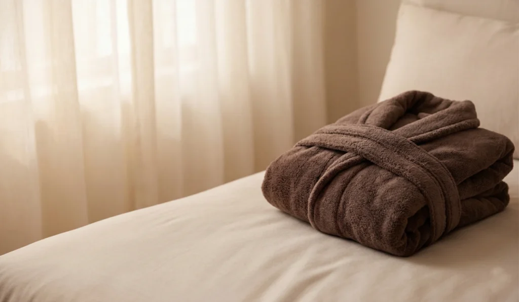Albornoz doblado encima de una cama con aspecto cómodo