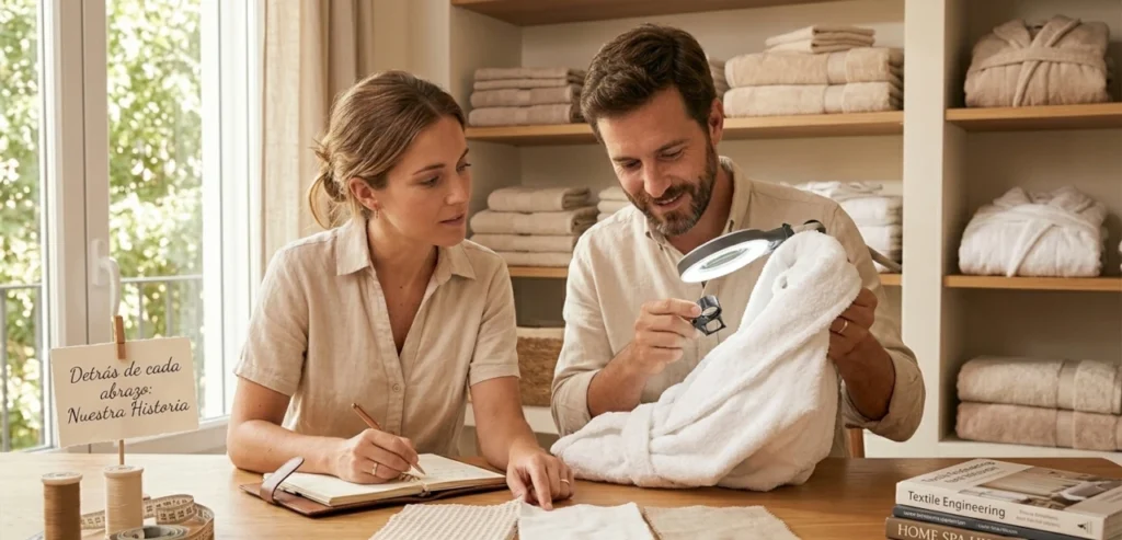 Dos personas analizando un albornoz en una mesa de trabajo