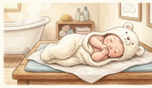 Ilustración de estilo de cuento de un bebé envuelto cómodamente en una capa de baño de algodón crema, mostrando la capucha con orejas de oso y textura de rizo sobre un cambiador en un baño cálido