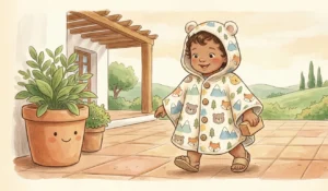 Ilustración de estilo de cuento de un niño pequeño (1-3 años) caminando con un poncho infantil de algodón suave y patrón divertido, diseñado para permitir el movimiento y la independencia