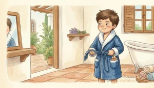 Ilustración de estilo de cuento de un niño mayor (4+ años) parado con orgullo en un baño acogedor, vistiendo un albornoz clásico de algodón azul con ribete blanco, tied con su cinturón, demostrando independencia tras el baño