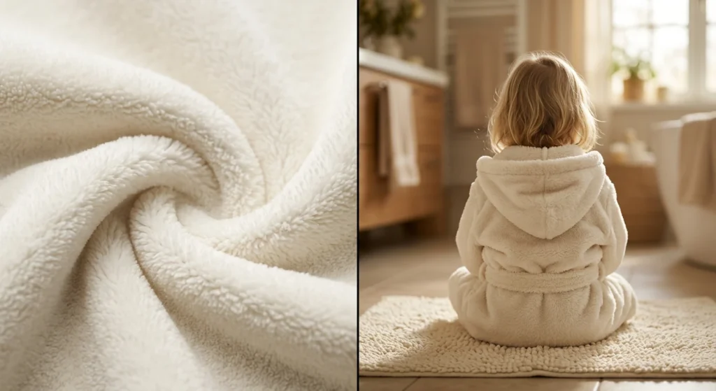 detalle de la tela de una albornoz junto a una niña de espalda y sentada en la alfombra del baño