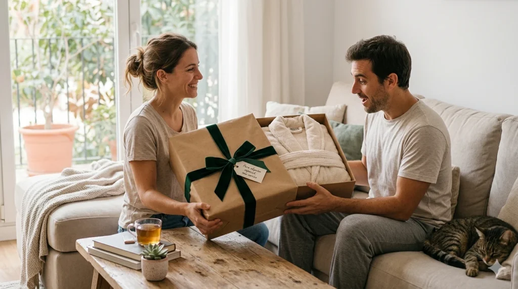 Regalo de albornoz premium envuelto en caja de cartón con lazo, idea perfecta de obsequio para el hogar y cuidado personal.
