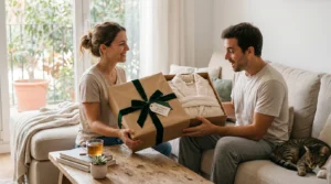Regalo de albornoz premium envuelto en caja de cartón con lazo, idea perfecta de obsequio para el hogar y cuidado personal.