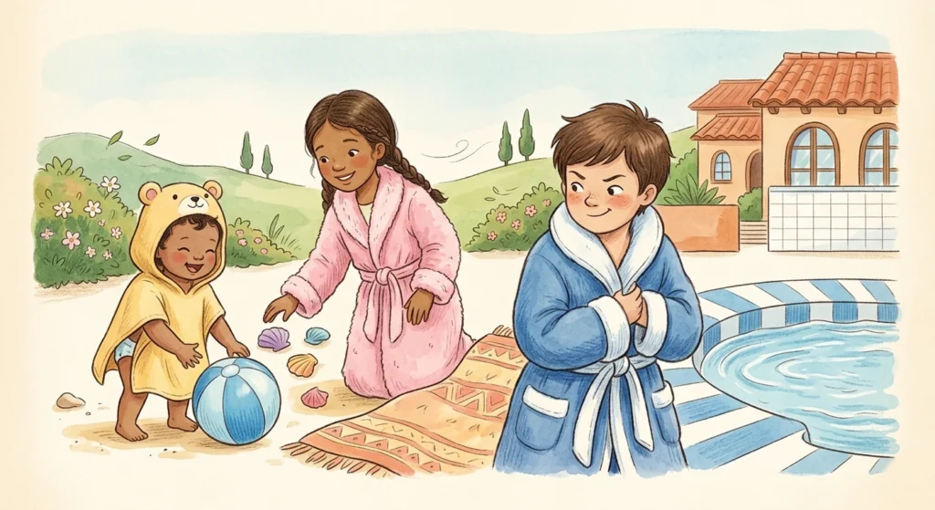 Ilustración hand-drawn (estilo dibujo a mano) de tres niños disfrutando en albornoces infantiles de algodón suave y ponchos de baño con capucha de animales, en un entorno de piscina exterior en España, destacando la comodidad y protección post-baño.