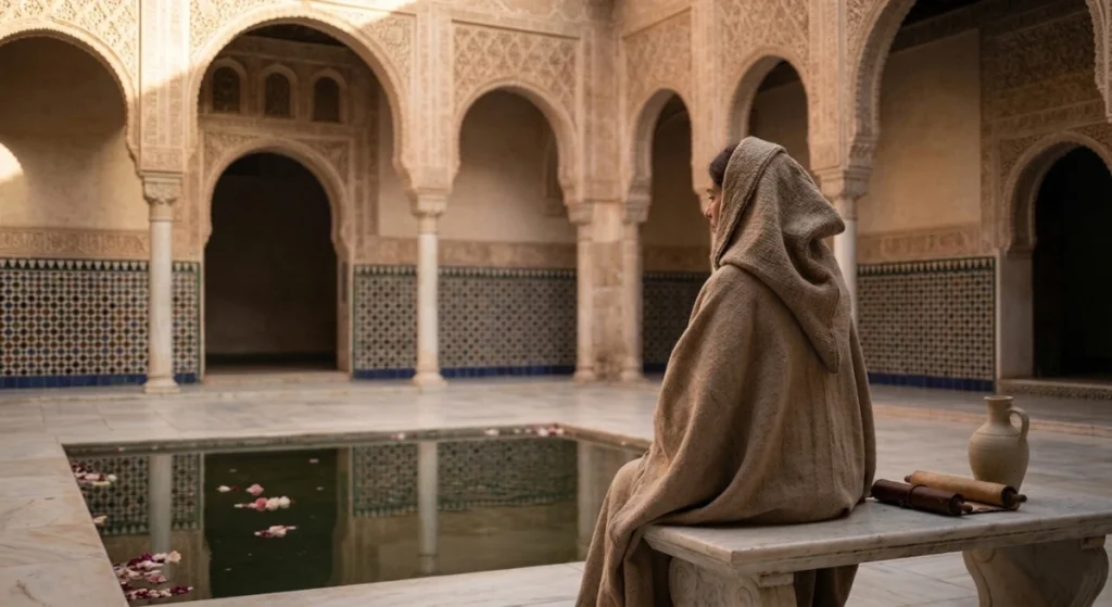 Patio interior árabe con una mujer sentada en un banco y vestida con un albornoz de la época, colores marrón tierra