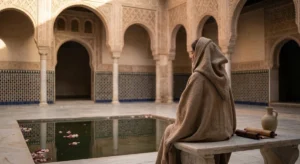 Patio interior árabe con una mujer sentada en un banco y vestida con un albornoz de la época, colores marrón tierra