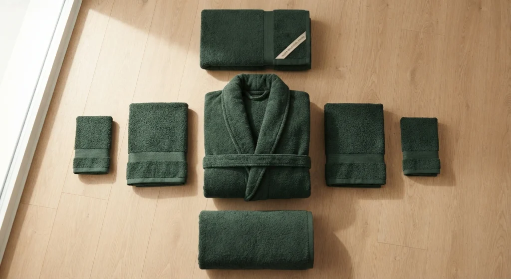 Juego ropa baño Set de albornoz y toallas verde bosque de algodón 550 GSM sobre suelo de madera.