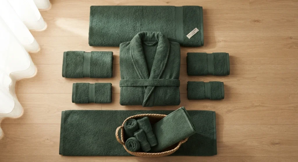 Conjunto de toallas de baño y albornoz de color verde 