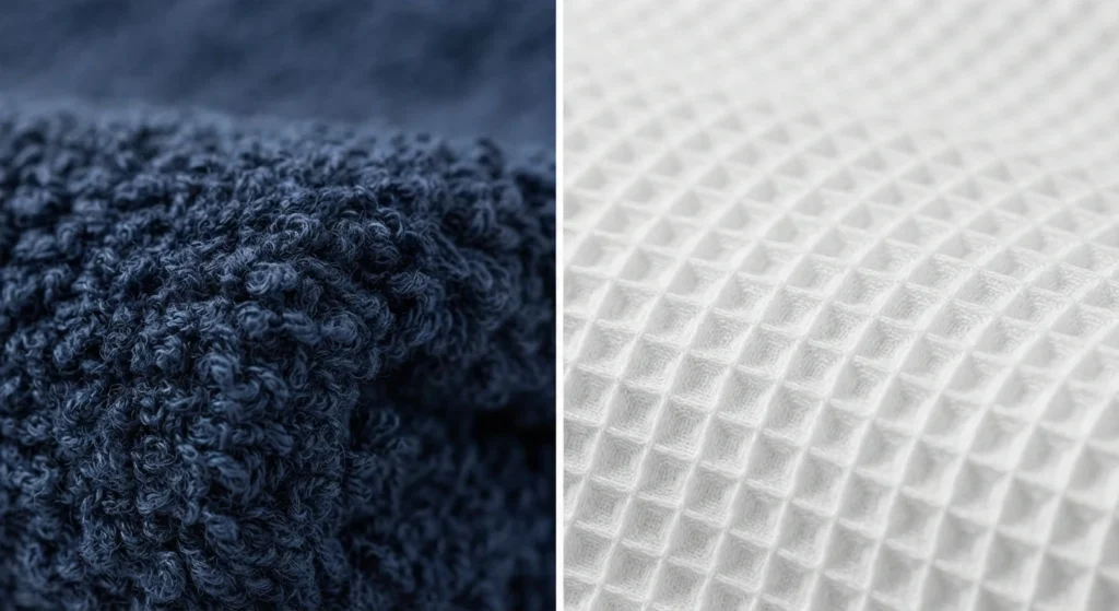textura Comparativa de texturas: Felpa azul marino (izquierda) vs. Nido de abeja blanco (derecha).
